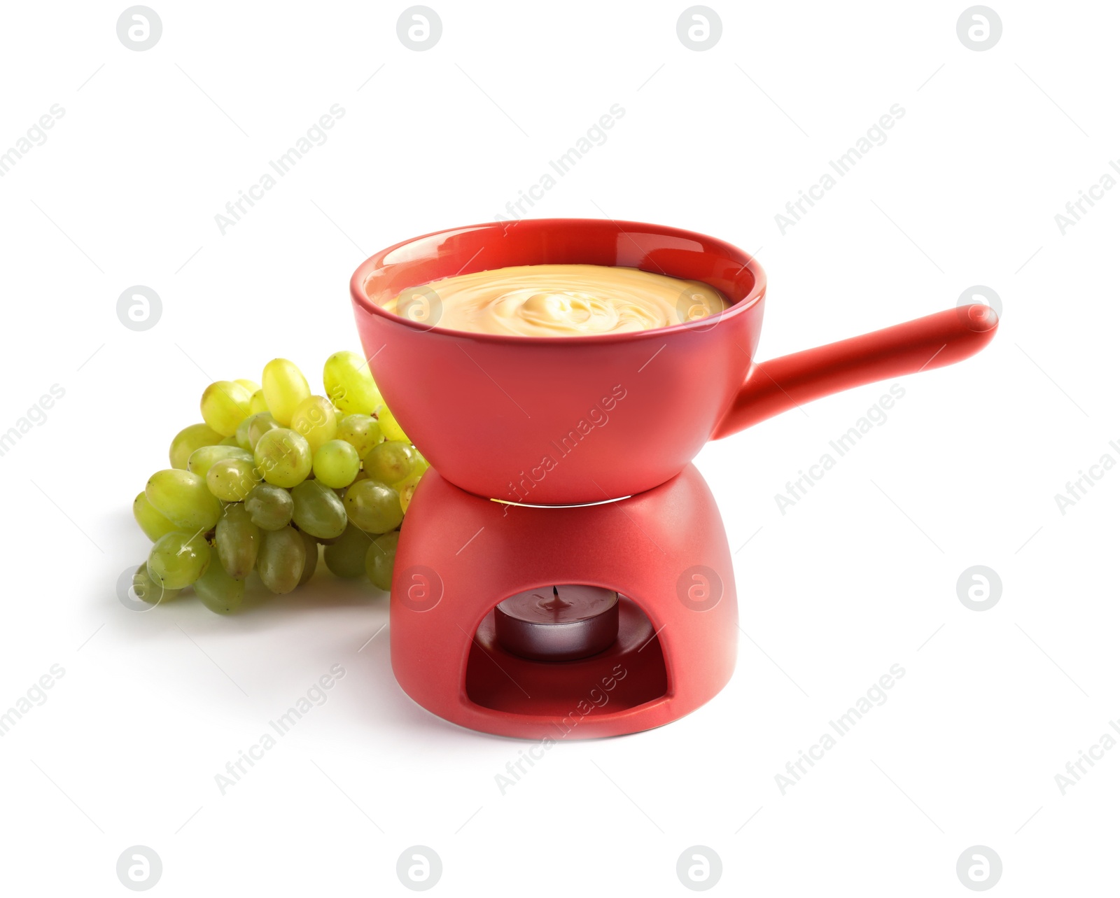 Photo of Delicious cheese fondue with grapes on white background