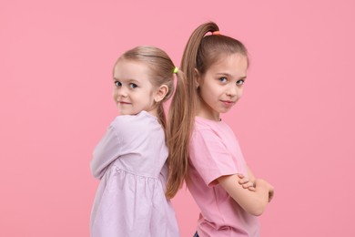 Portrait of cute little sisters on pink background