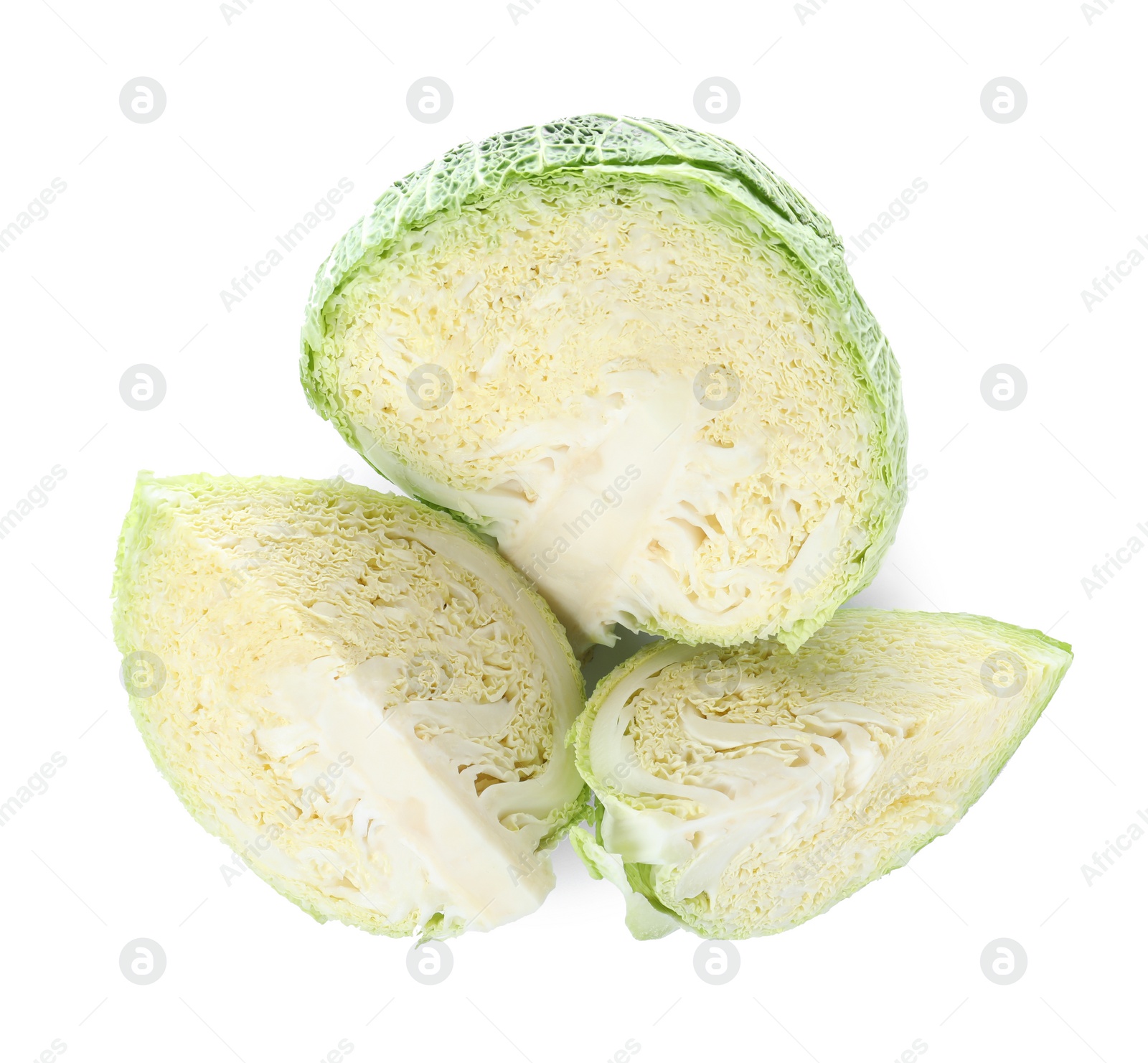 Photo of Fresh cut savoy cabbage isolated on white, top view
