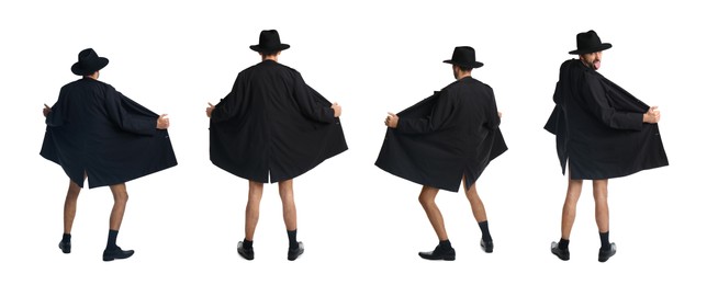 Collage with photos of exhibitionist in coat and hat on white background. Banner design