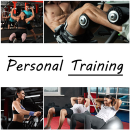 Image of Collage of people in modern gym and text Personal Training