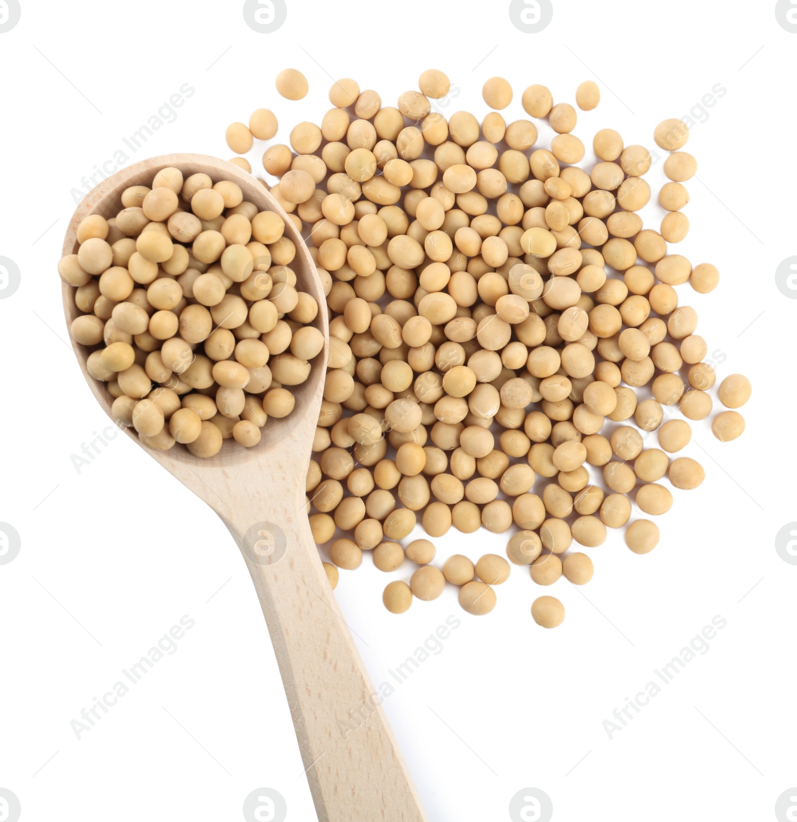 Photo of Soya beans with wooden spoon isolated on white, top view