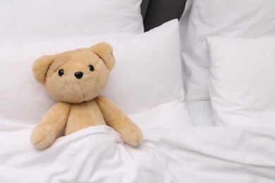 Photo of Toy cute bear with sticking plaster under blanket in bed