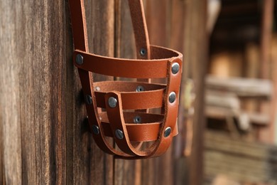 Photo of Brown dog muzzle hanging near wooden fence, closeup