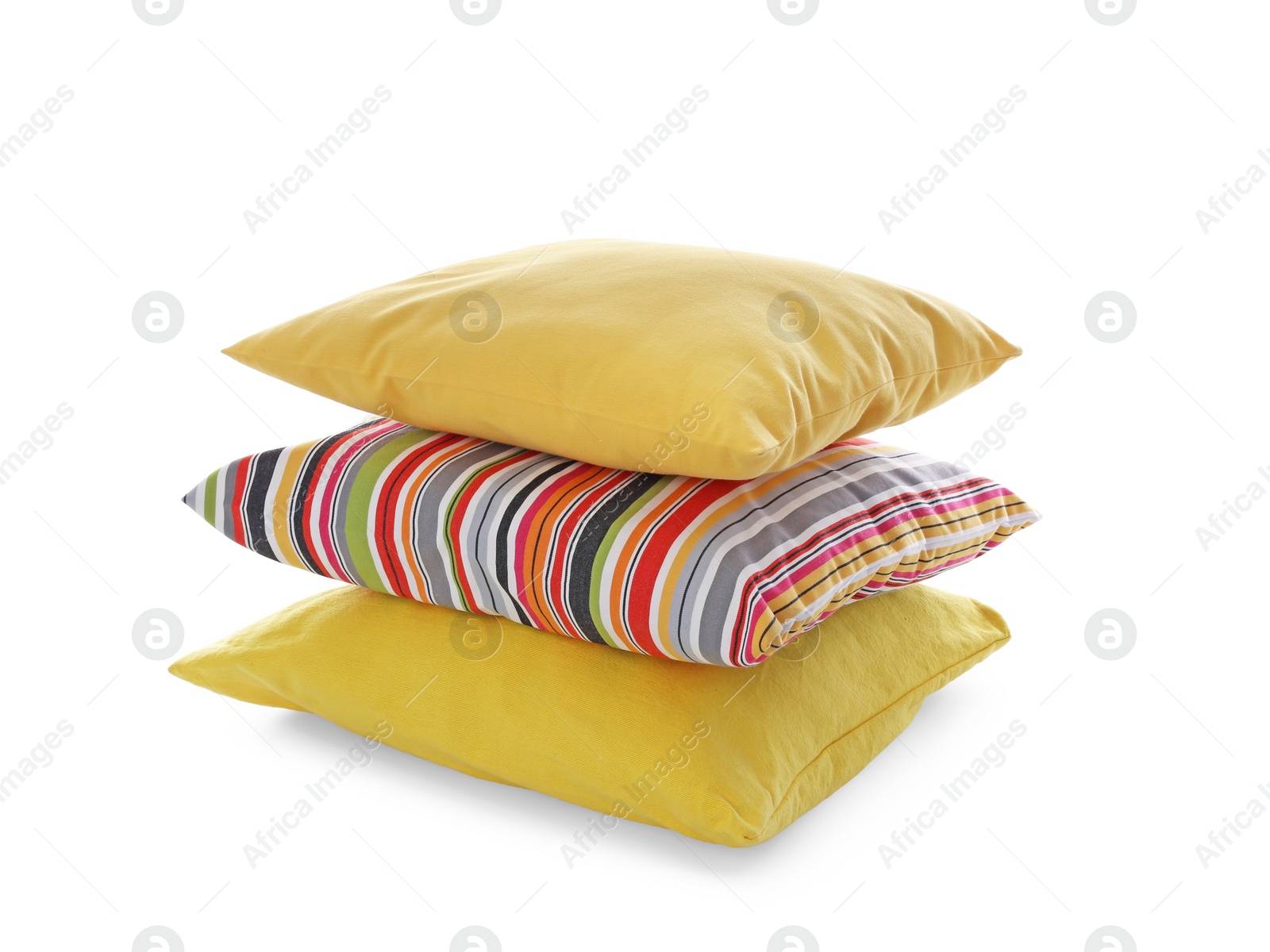 Photo of Stack of different colorful pillows on white background