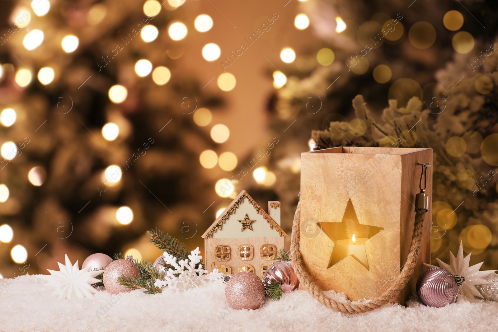 Image of Composition with wooden Christmas lantern on table. Bokeh effect