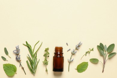 Bottle of essential oil and different herbs on beige background, flat lay. Space for text