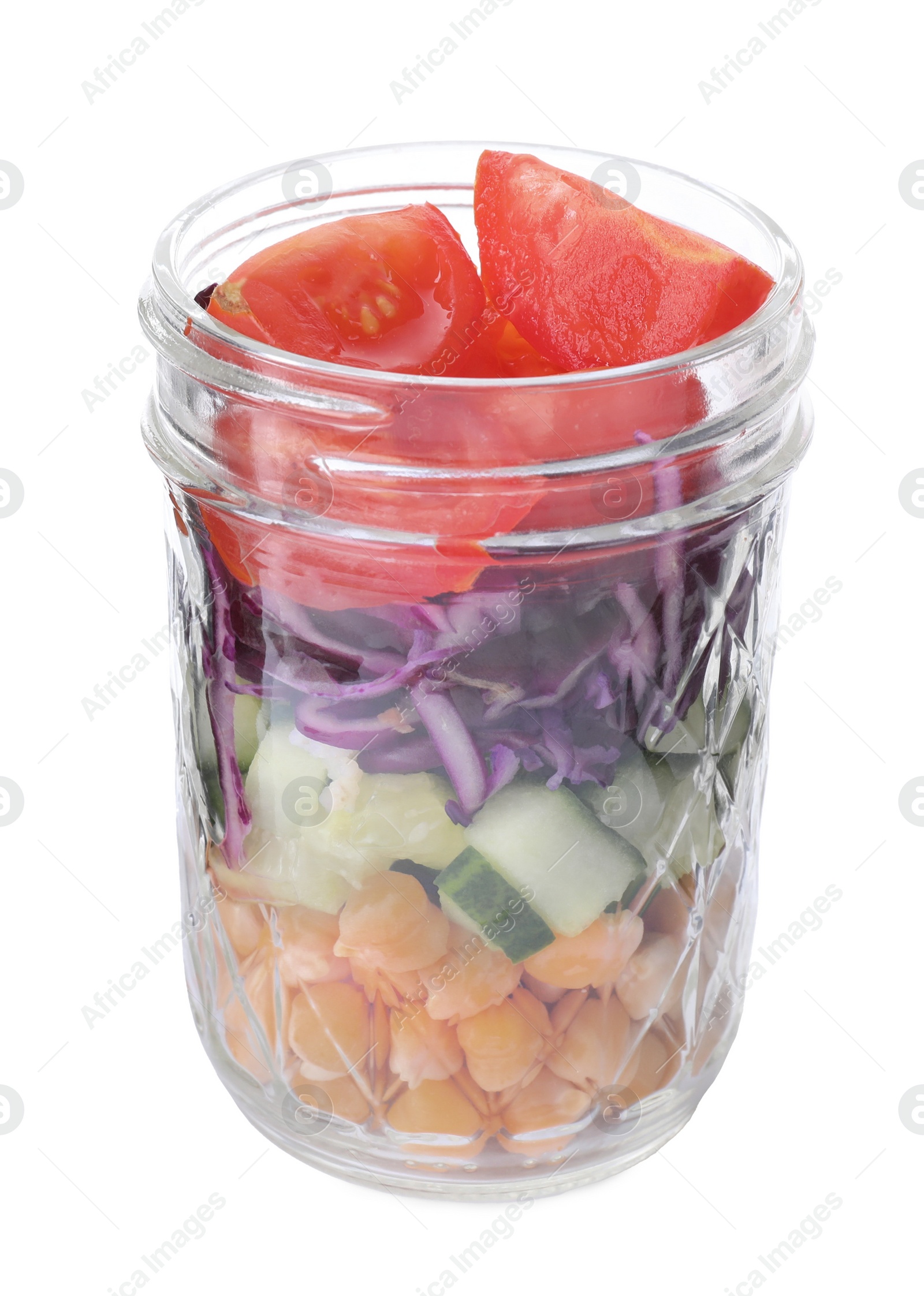 Photo of Healthy salad in glass jar isolated on white