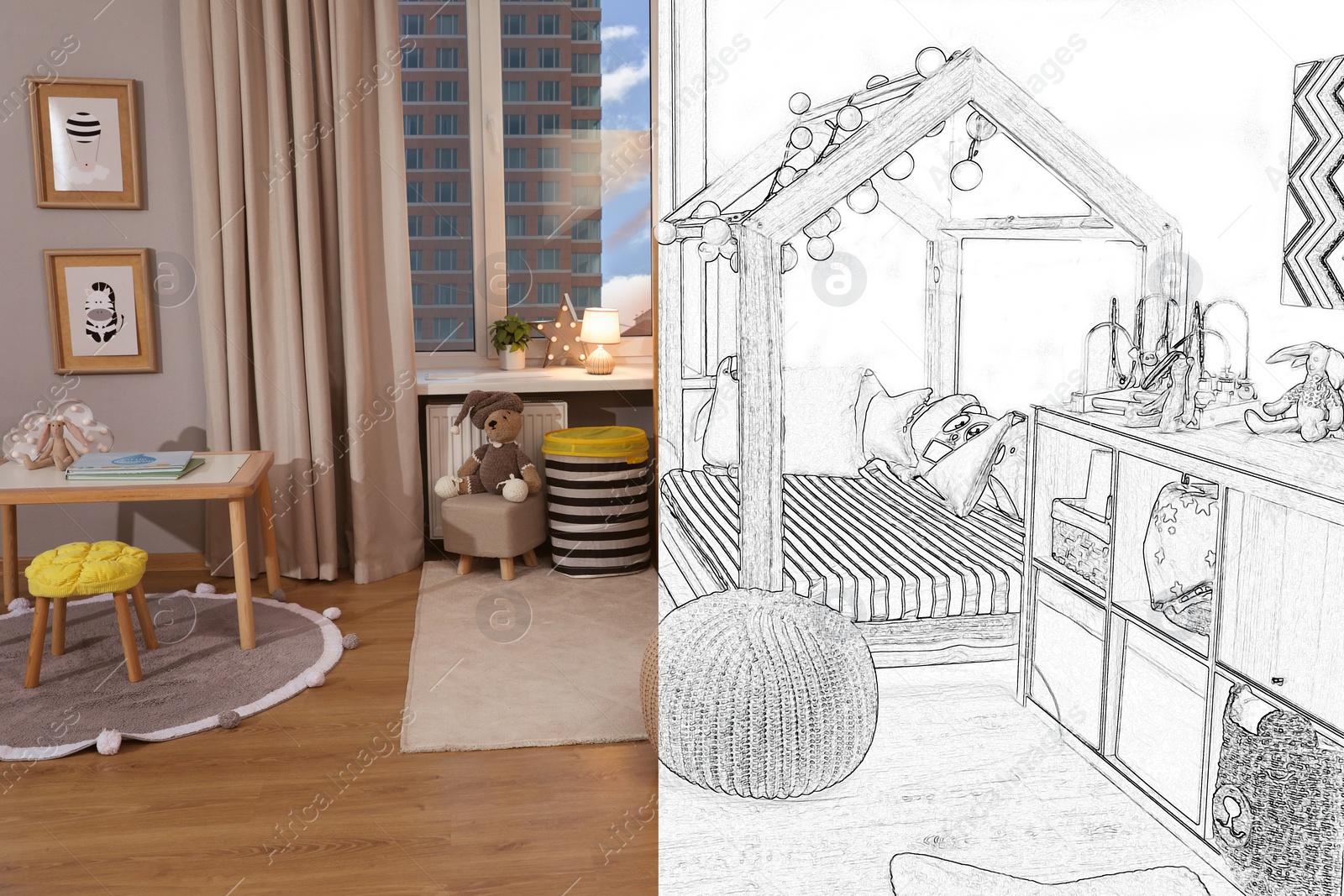 Image of From idea to realization. Cozy children's room interior with house bed. Collage of photo and sketch