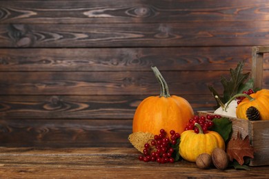 Photo of Happy Thanksgiving day. Composition with pumpkins, berries and walnuts on wooden table. Space for text