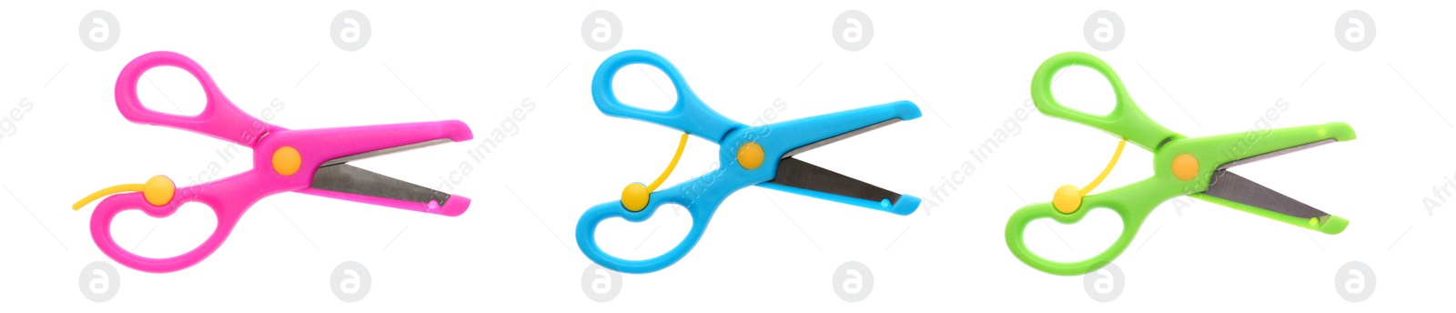 Image of Set with kid's color scissors on white background. Banner design