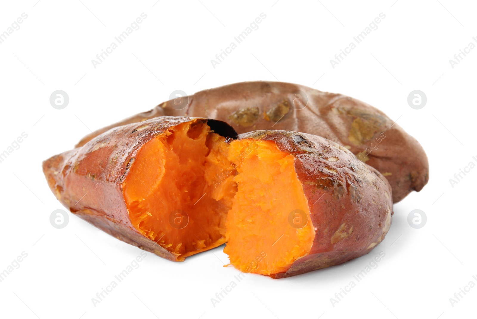 Photo of Delicious baked sweet potatoes on white background