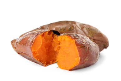 Photo of Delicious baked sweet potatoes on white background