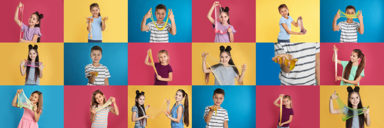 Collage of children with different slimes on color backgrounds