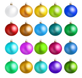 Image of Set of bright Christmas balls on white background 