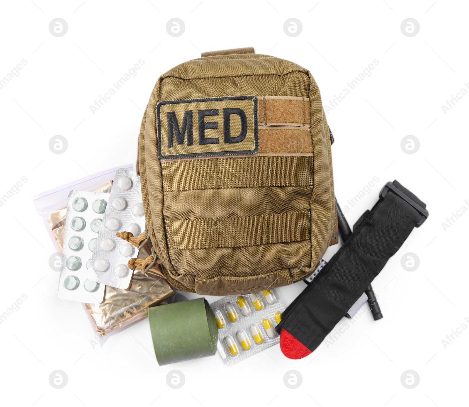 Photo of Military first aid kit on white background, top view