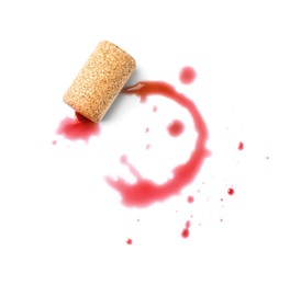 Photo of Bottle cork with wine stains isolated on white, top view