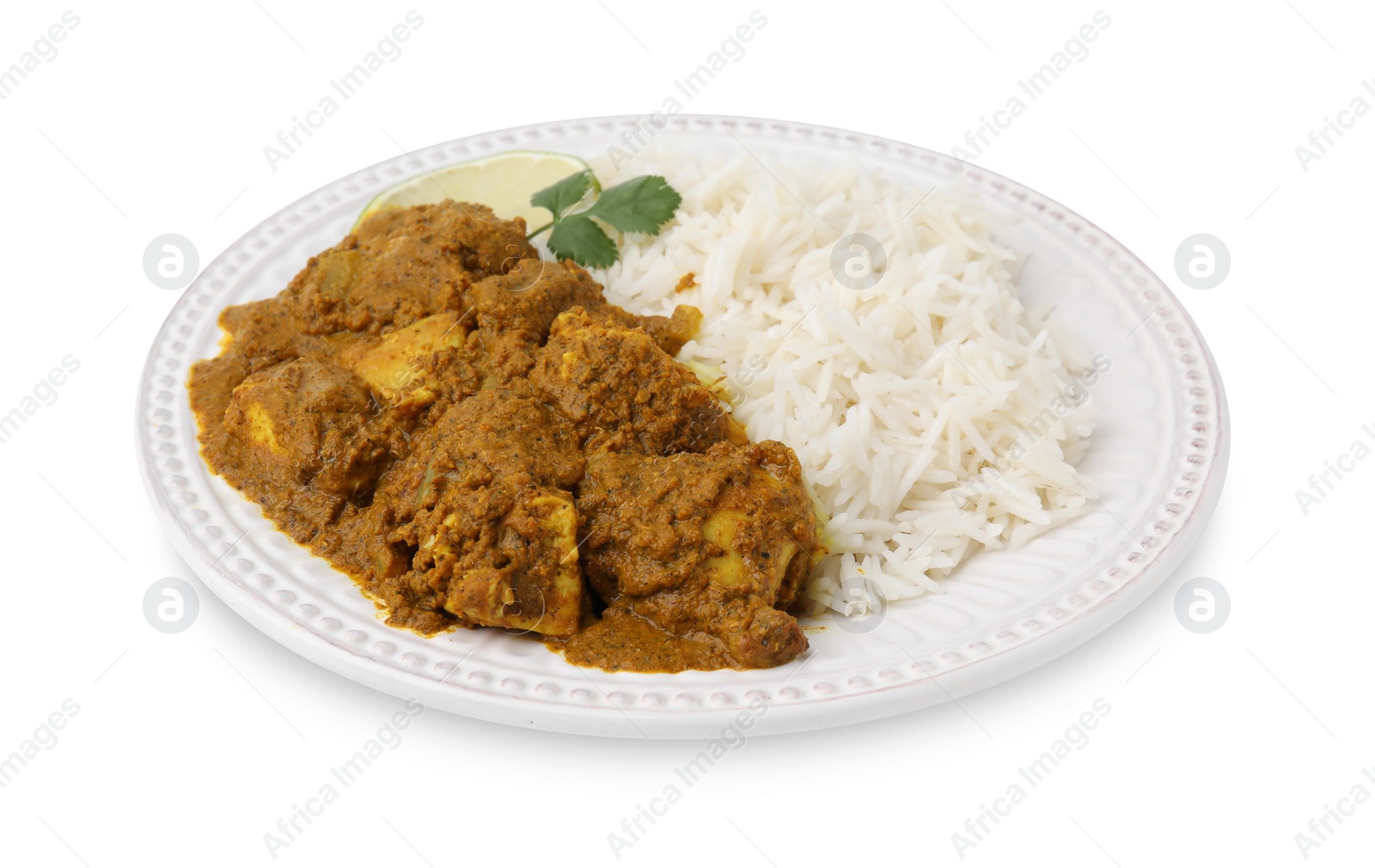 Photo of Delicious chicken curry with rice isolated on white