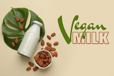 Image of Bottle of vegan milk and almonds on beige background, flat lay