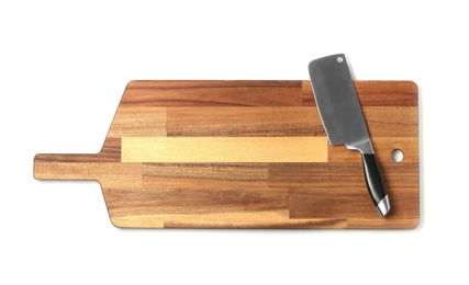 Photo of Cleaver knife with wooden board isolated on white, top view
