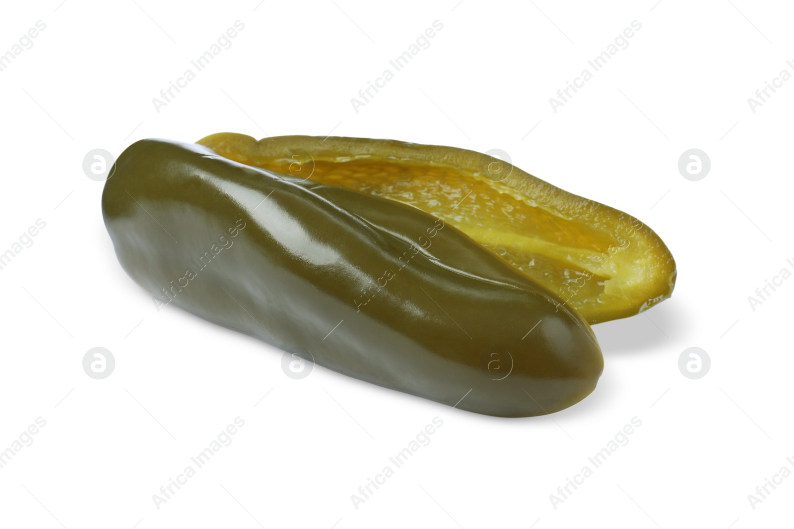 Photo of Halves of pickled green jalapeno on white background