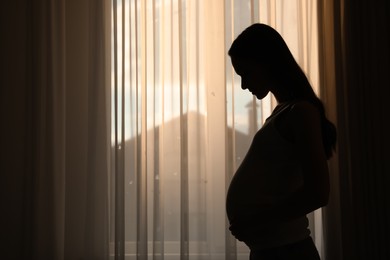 Photo of Silhouette of young pregnant woman near window at home. Space for text