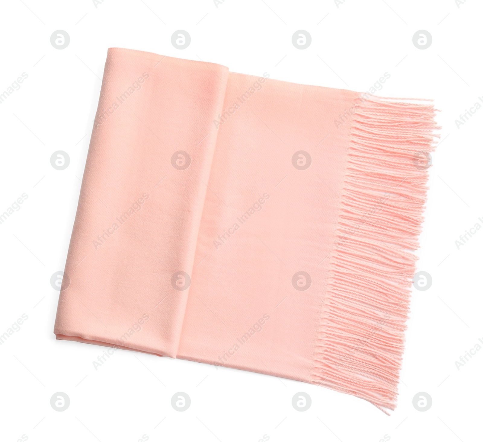 Photo of Peach scarf on white background, top view