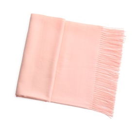 Photo of Peach scarf on white background, top view