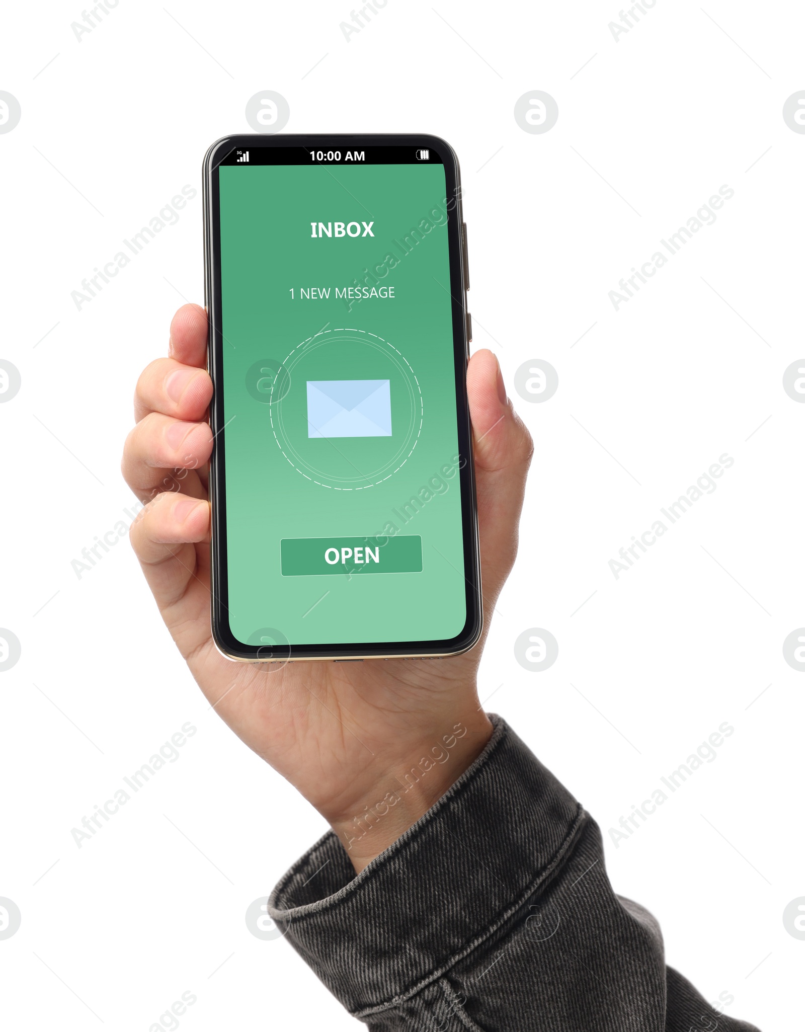 Image of Got new message. Man holding smartphone on white background, closeup