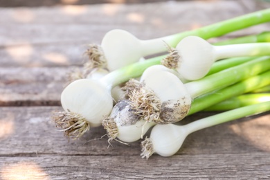 Photo of Fresh ripe garlic bulbs on wooden table