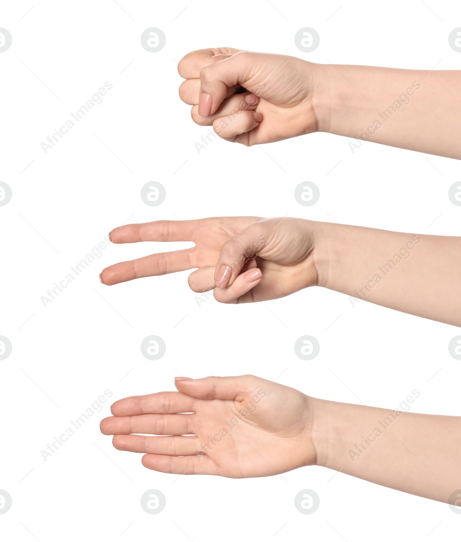 Image of People playing rock, paper and scissors on white background, closeup