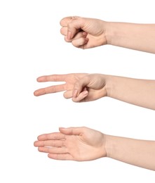 People playing rock, paper and scissors on white background, closeup