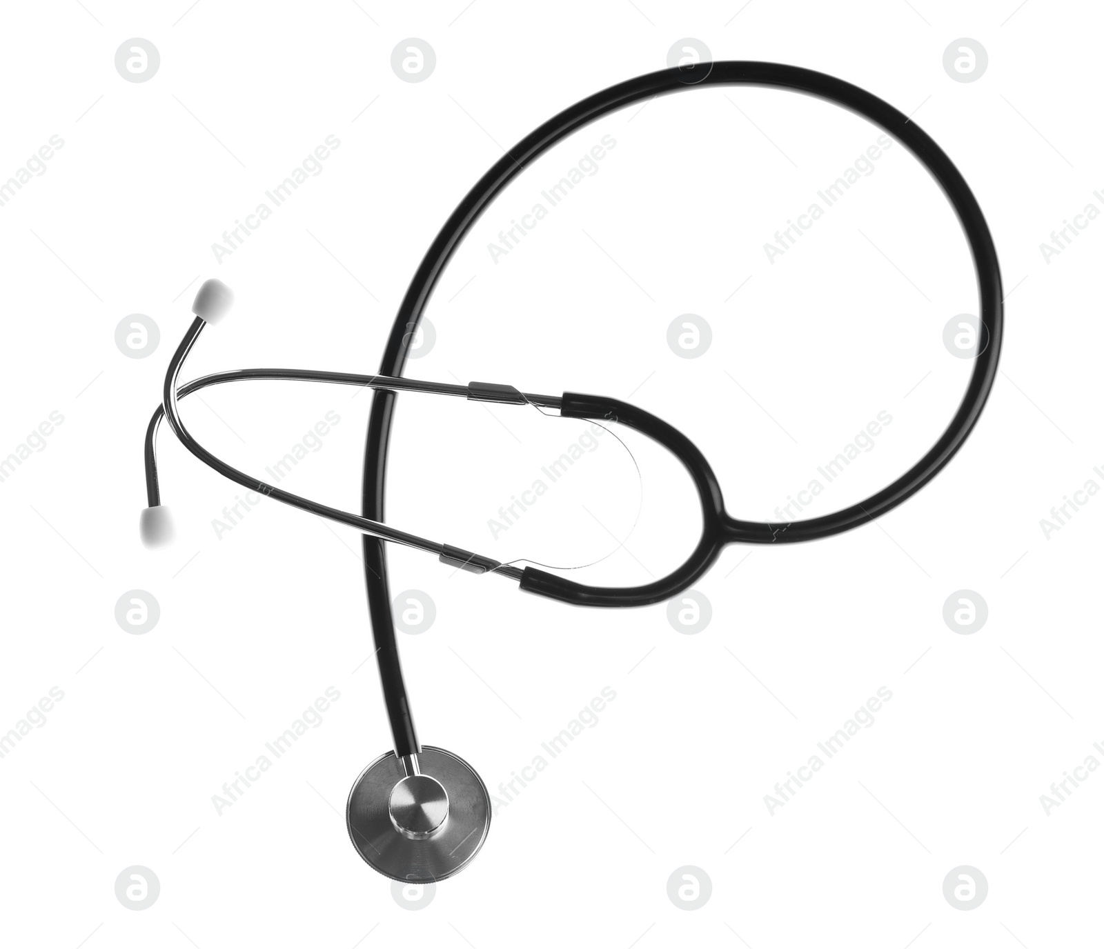 Photo of Stethoscope on white background, top view. Medical device