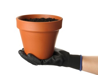 Photo of Woman holding clay flower pot on white background, closeup