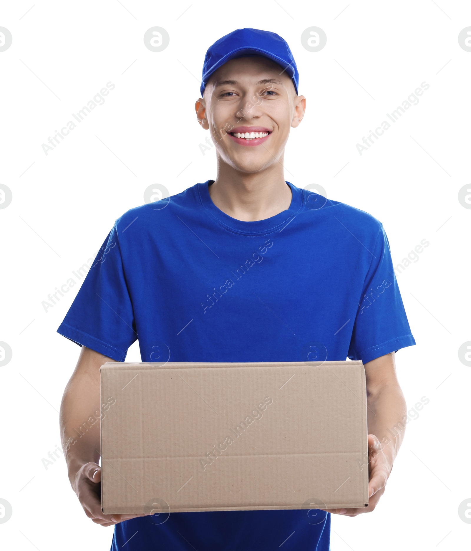 Photo of Happy courier with parcel on white background