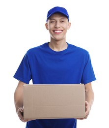 Photo of Happy courier with parcel on white background