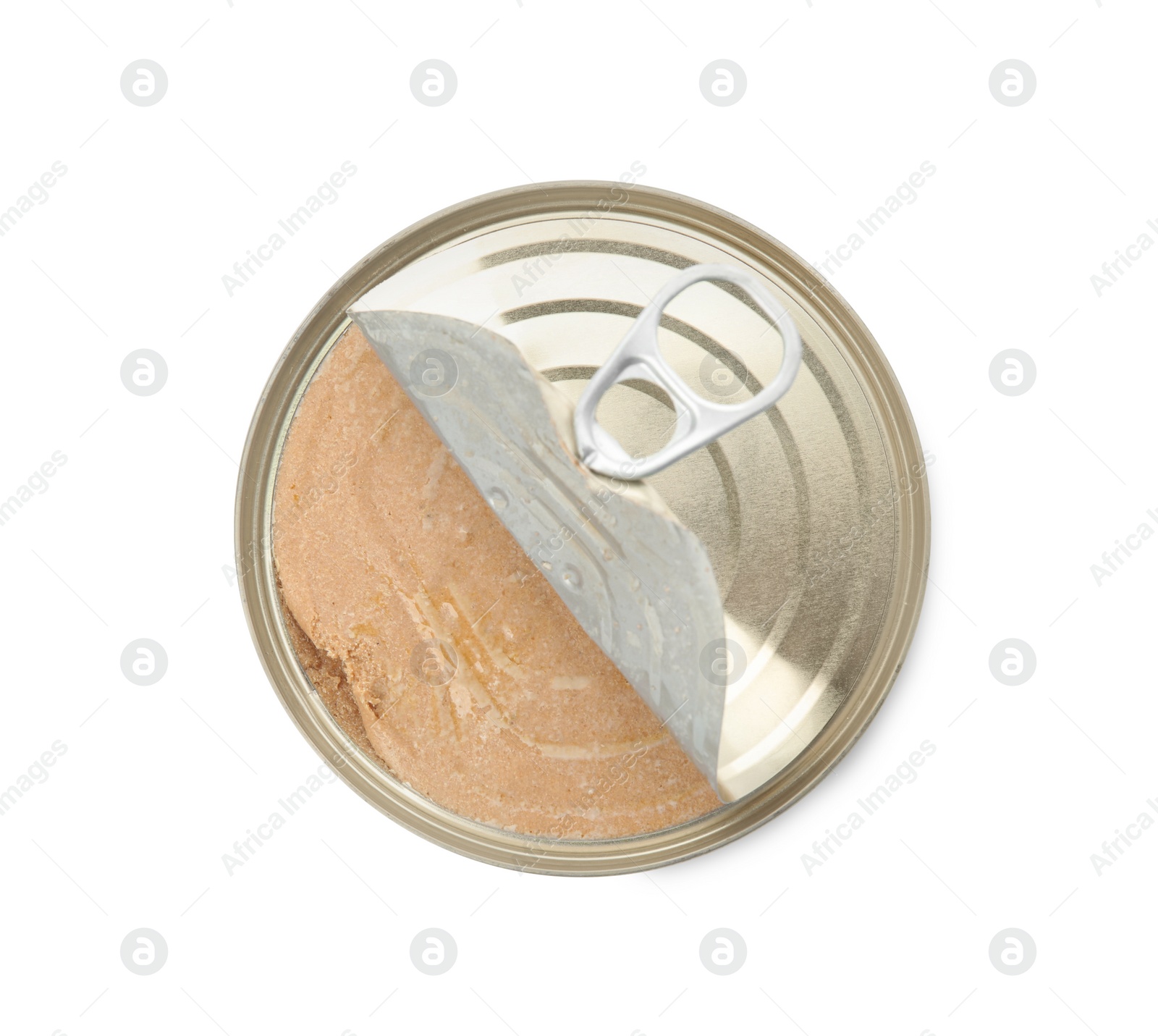 Photo of Open tin can with meat pate isolated on white, top view