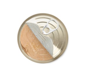 Photo of Open tin can with meat pate isolated on white, top view