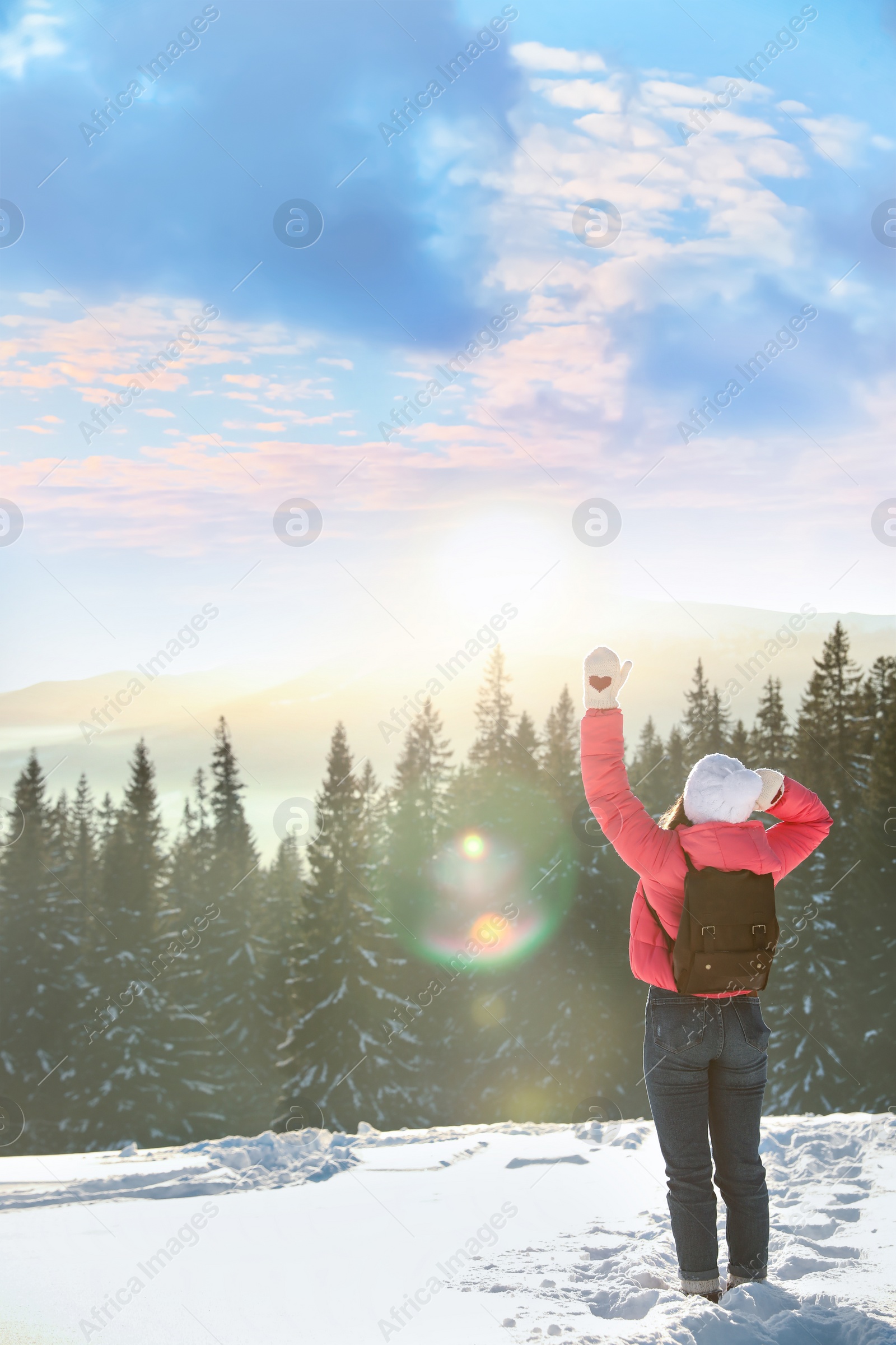 Photo of Young woman enjoying beautiful nature. Winter vacation