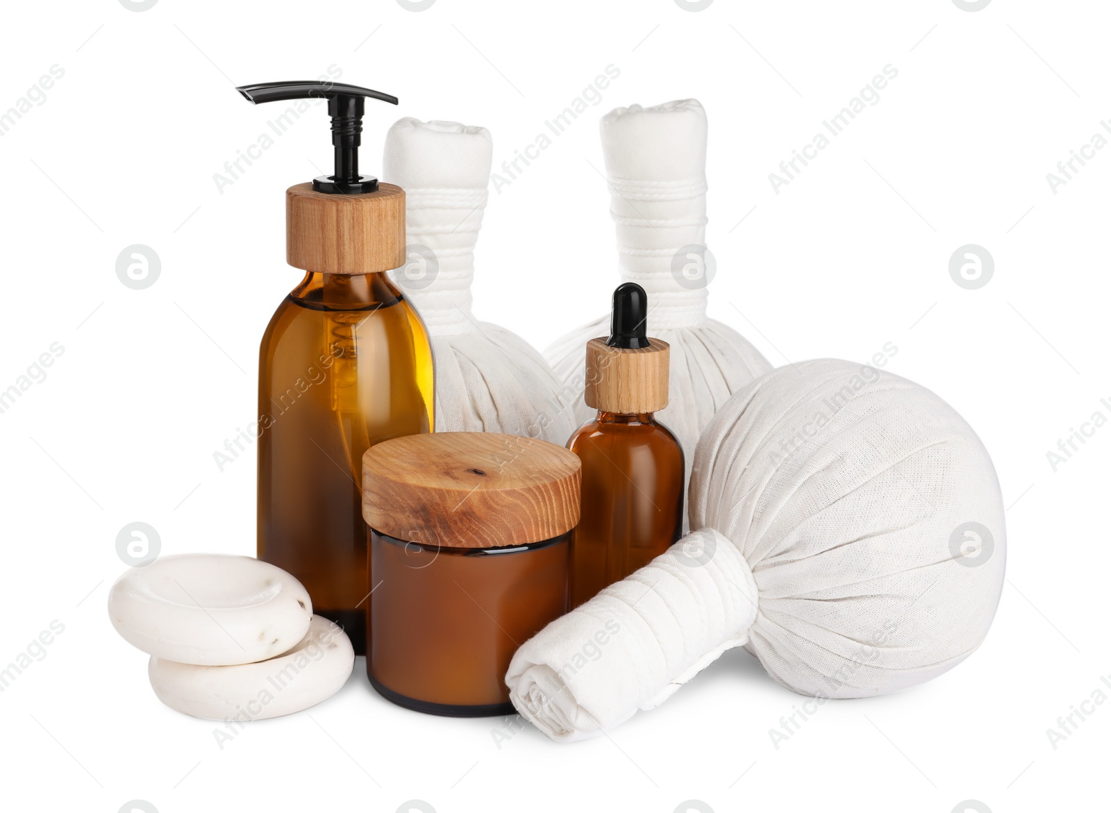 Photo of Beautiful spa composition with different care products isolated on white