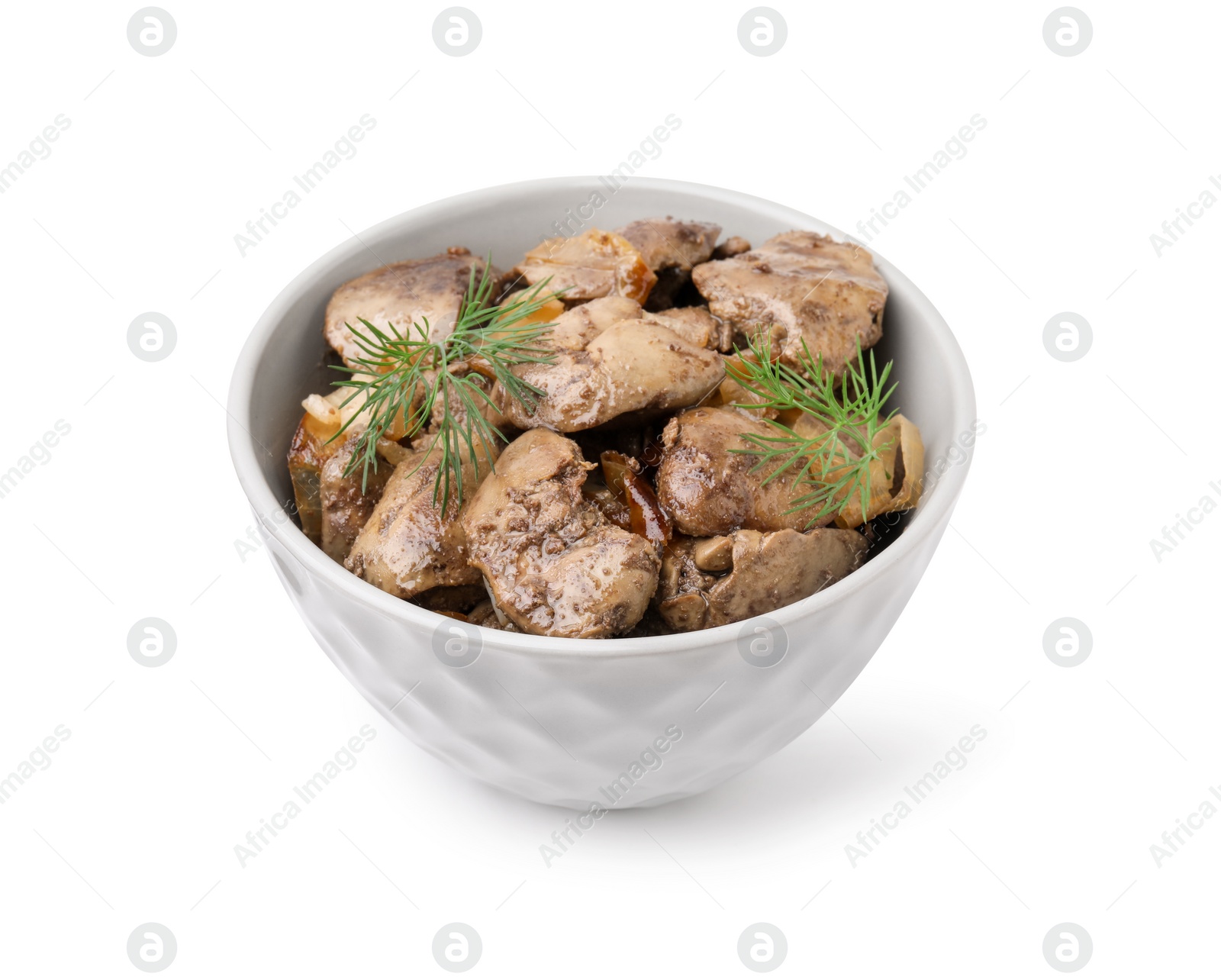 Photo of Tasty fried chicken liver with onion and dill isolated on white