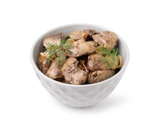 Photo of Tasty fried chicken liver with onion and dill isolated on white