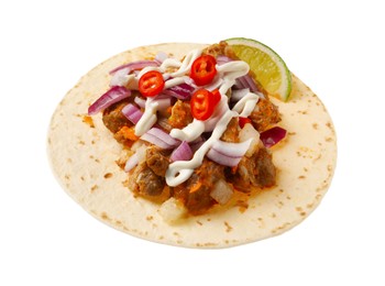 Photo of Delicious taco with vegetables, meat and lime isolated on white