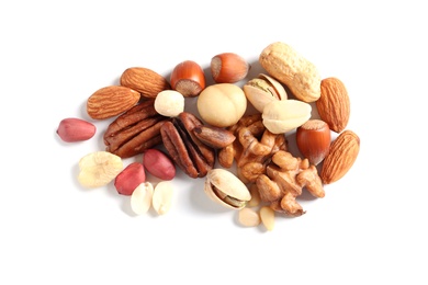 Pile of mixed organic nuts on white background