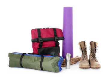 Camping equipment on white background