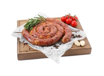 Photo of Delicious homemade sausage with spices and tomatoes isolated on white