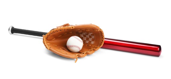 Photo of Baseball bat, ball and glove isolated on white