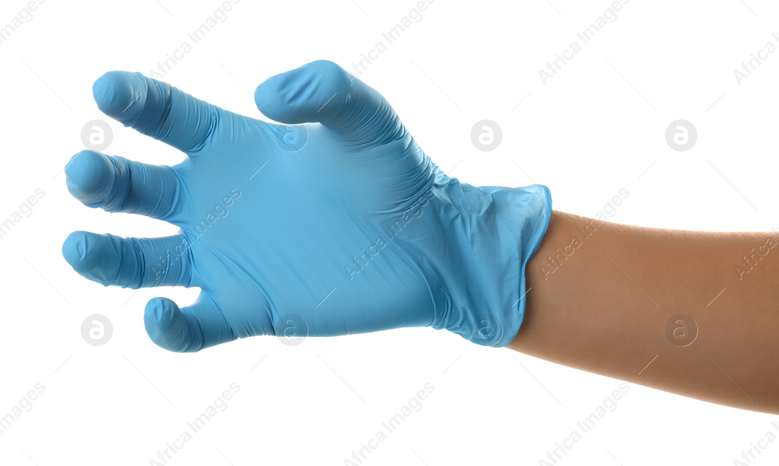 Photo of Person in blue latex gloves holding something against white background, closeup on hand