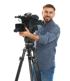 Photo of Operator with professional video camera on white background