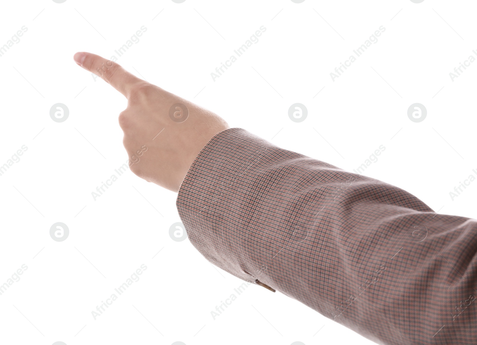 Photo of Woman pointing with index finger on white background, closeup. Responsibility concept